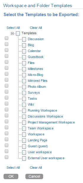 Manage Workspace and Folder Templates page with templates to be exported