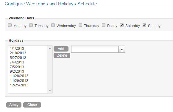 Configure Weekends and Holidays page
