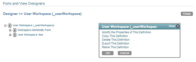 Form and View Designers page with User Workspace window
