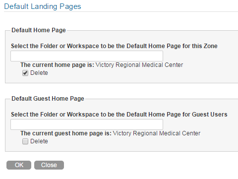 Default Landing Page page with current landing page selected for deletion