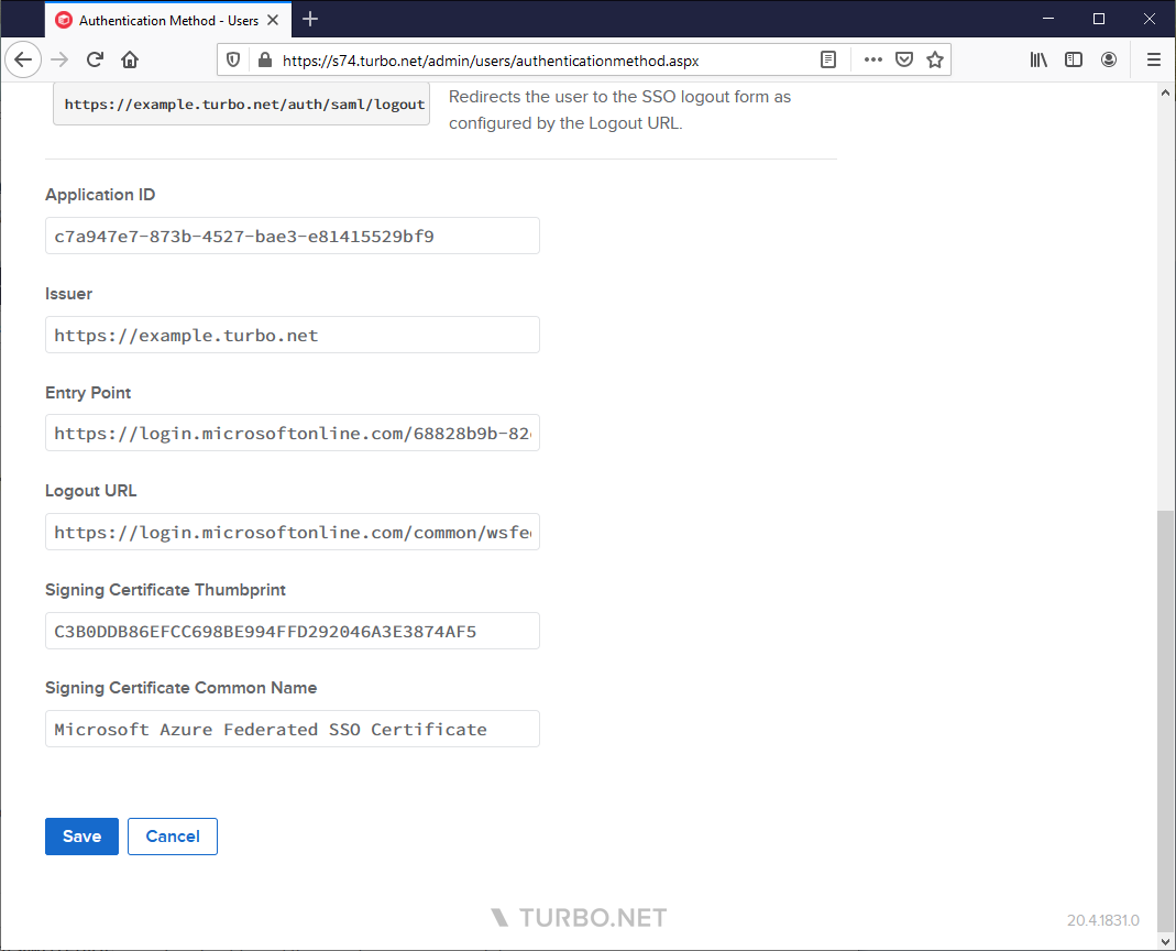 Azure AD SSO + SAML 2.0 server settings 2