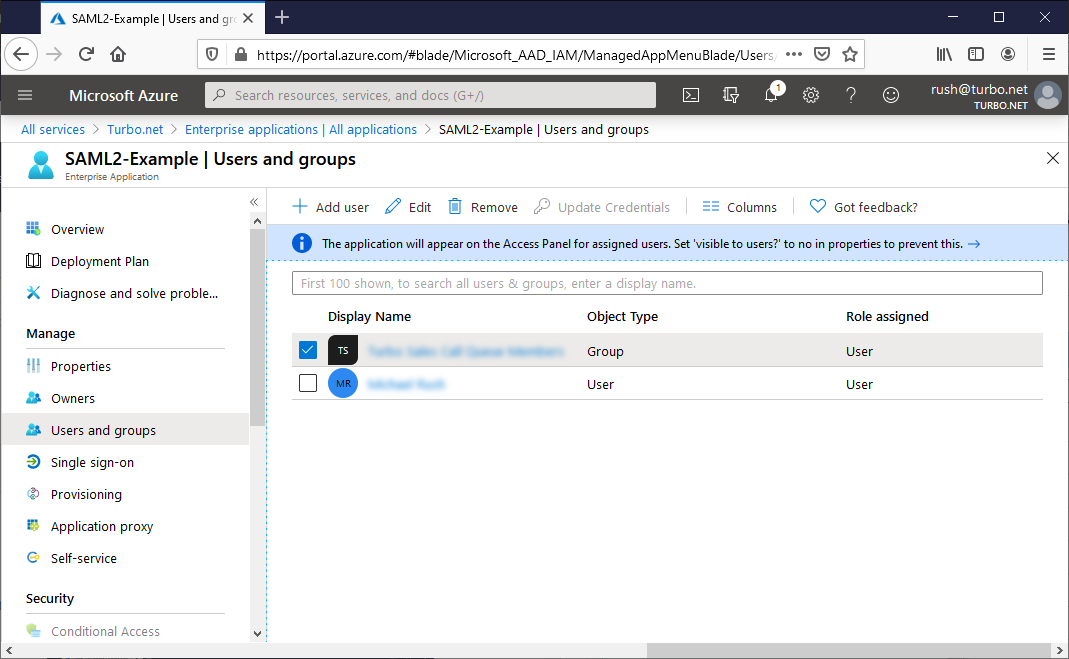 Azure AD SSO + SAML 2.0 user and groups