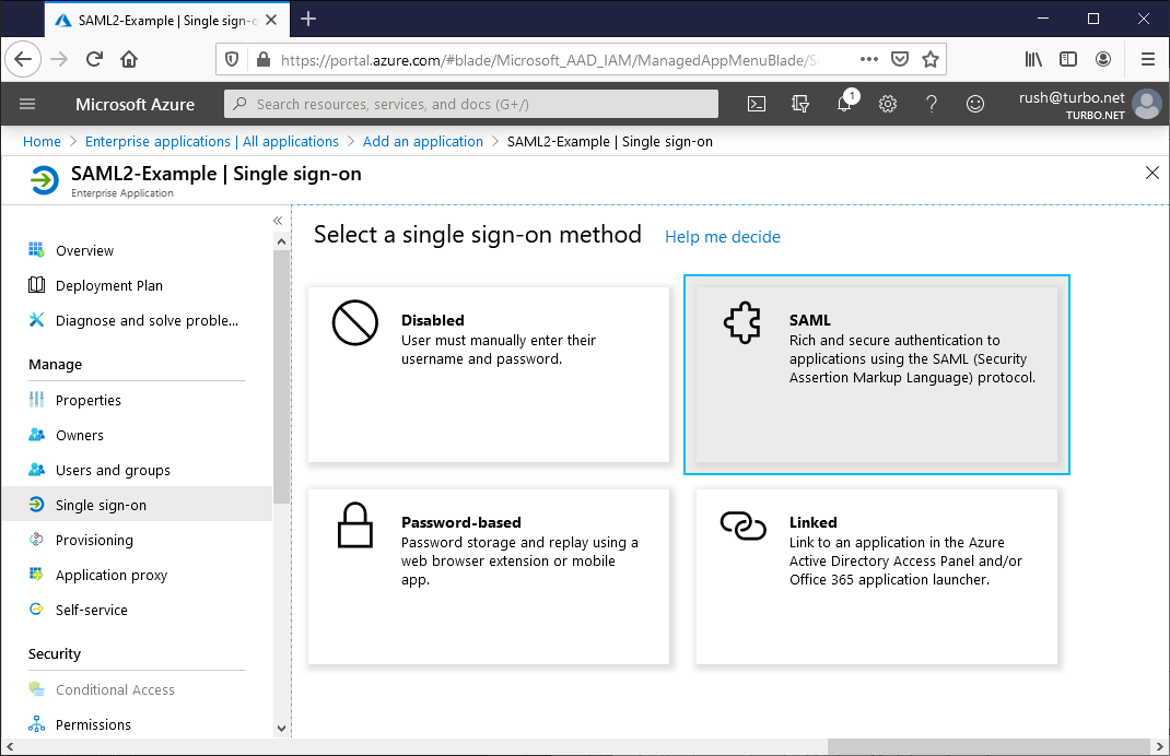 AzureAD SSO + SAML 2.0 select authentication method