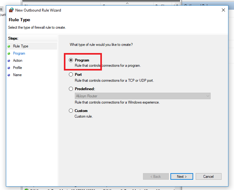 Firewall outbound rule program