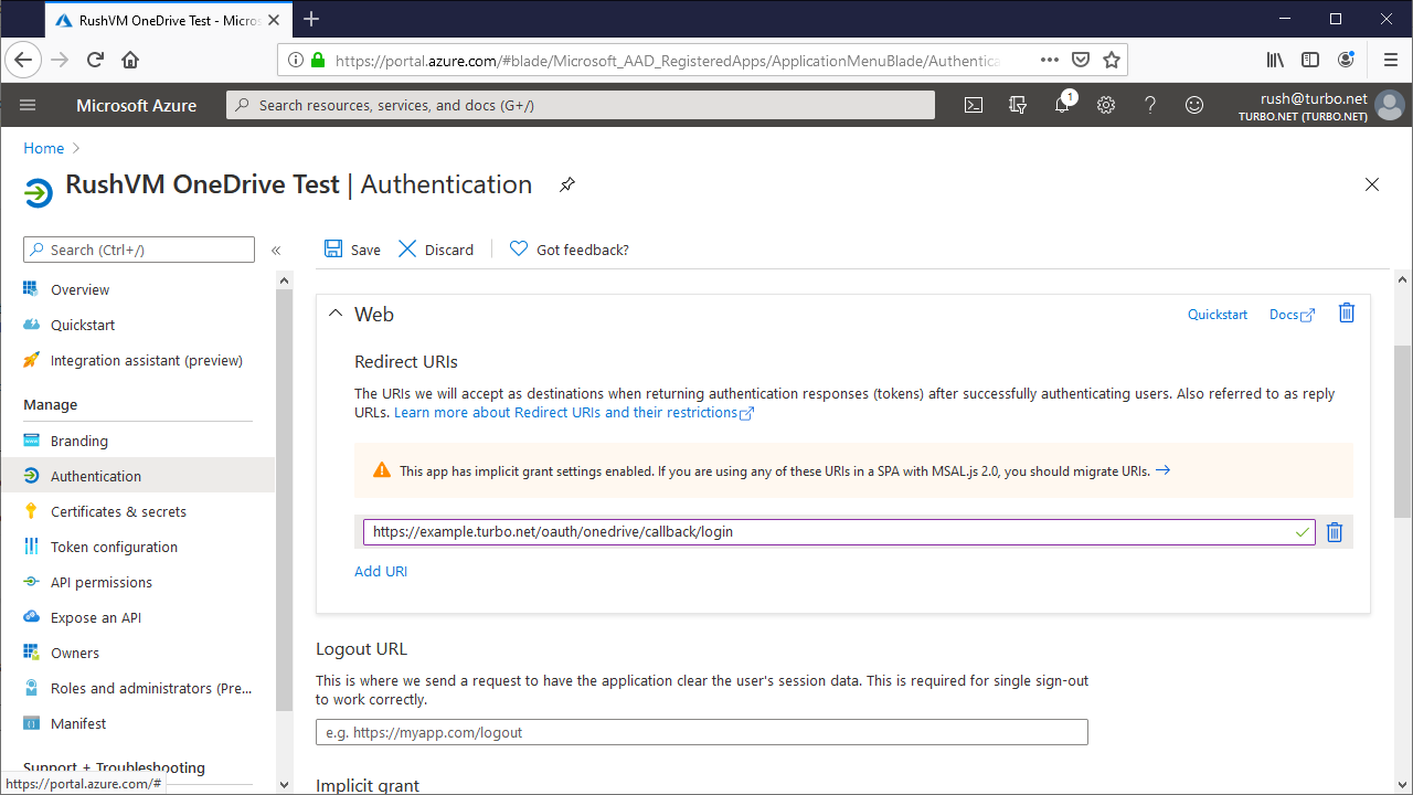 OneDrive Application Registration Redirect URL