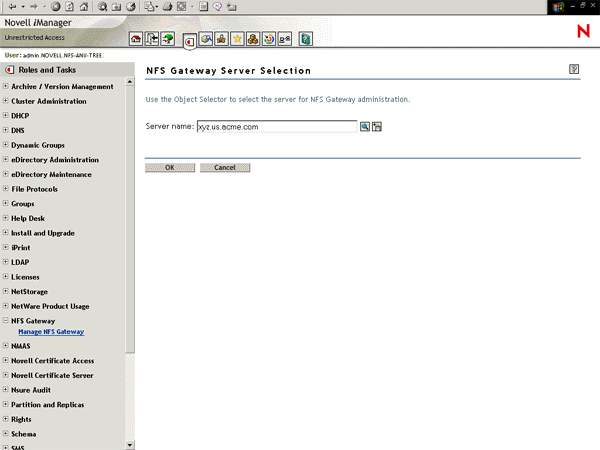NFS Gateway Server Selection page