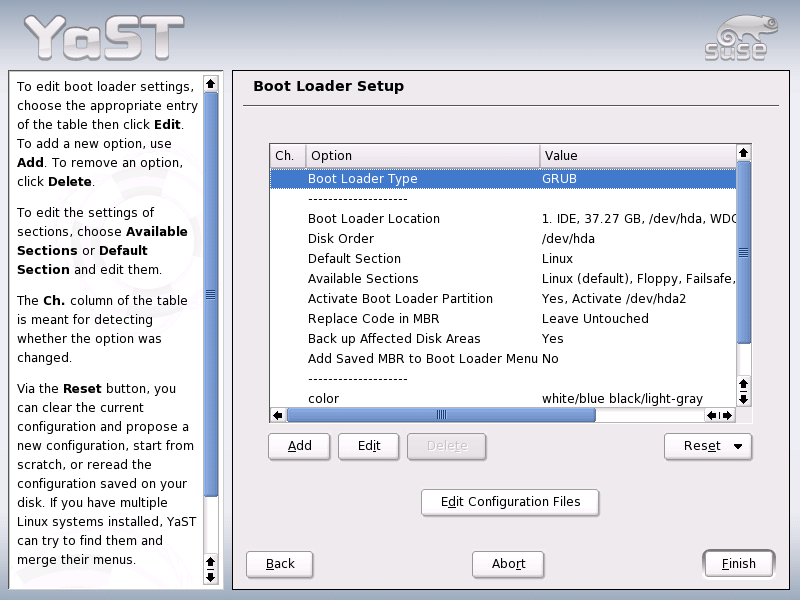 Boot Loader Setup menu