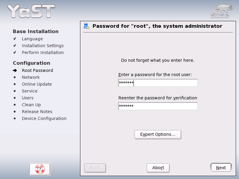 Root Password menu
