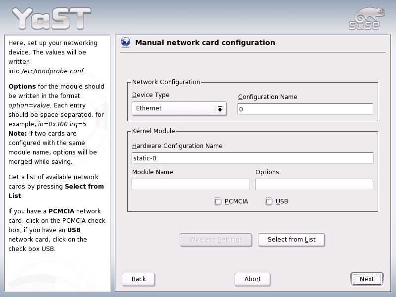 Manual Network Card Configuration menu
