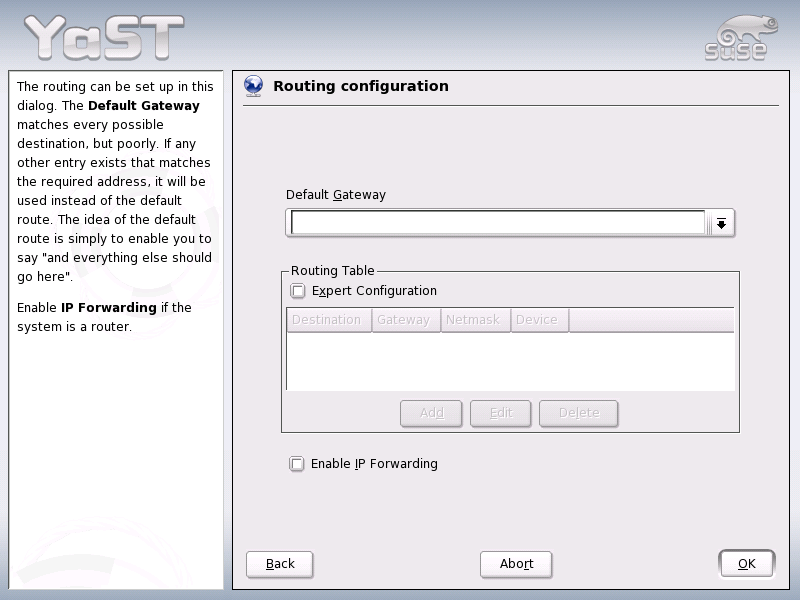 Routing Configuration menu