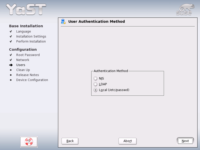 User Authentication Method menu