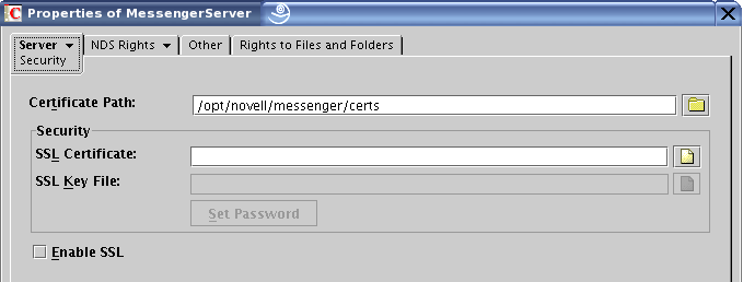 Security page of the Messenger Server object