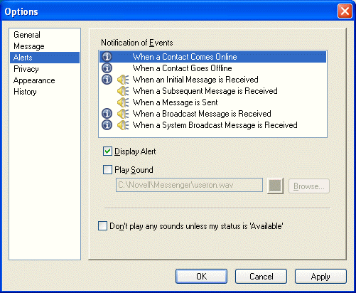 Options dialog box showing the Alerts page