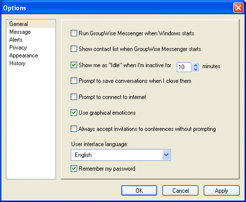 Options dialog box showing the General page