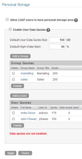 Manage Data Quotas Page