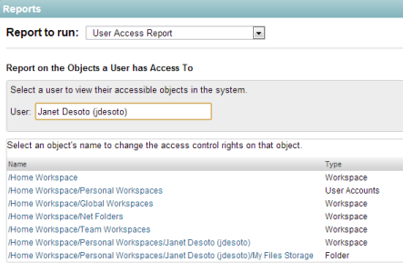 User Access report results