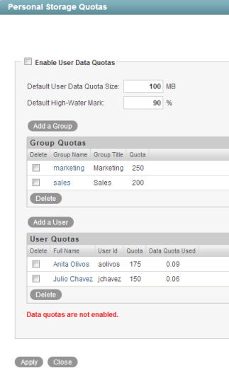 Manage Data Quotas Page