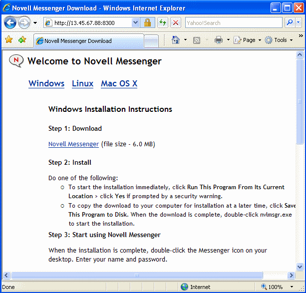 Messenger client download page for a Messenger system on NetWare or Windows