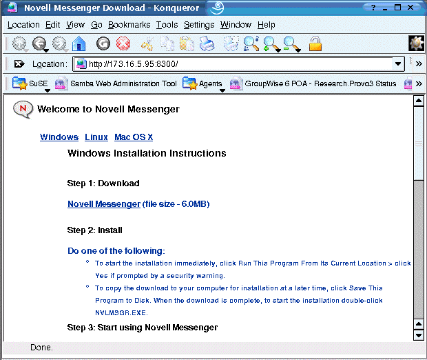 Messenger client download page for a Messenger system on Linux