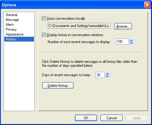 Options dialog box showing the History page