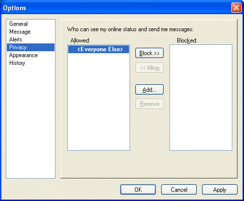 Options dialog box showing the Privacy page