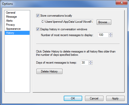 Options dialog box showing the History page