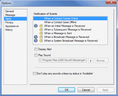 Options dialog box showing the Alerts page