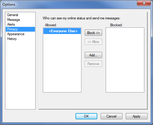 Options dialog box showing the Privacy page