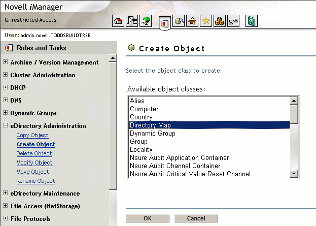 Sample Create Object Page in the eDirectory Administration Role