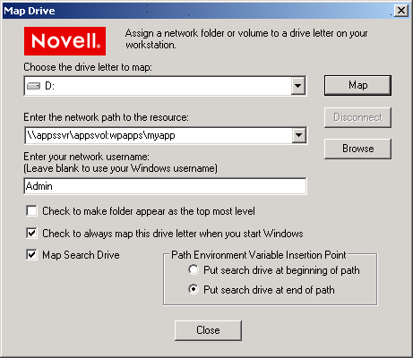 Sample Novell Map Network Drive Dialog Box