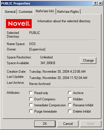 Sample NetWare Info Dialog for the Novell Client