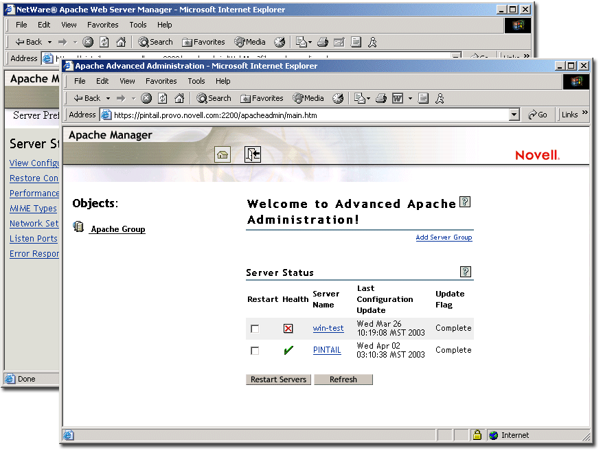 Apache Manager's Single Server and Multiple Server Administration pages.