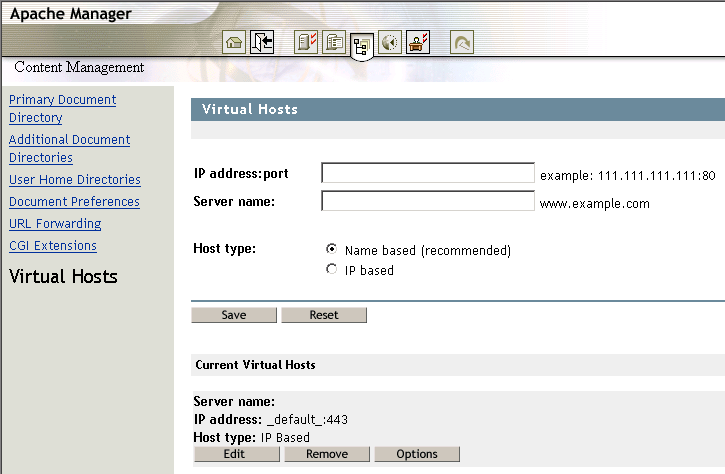 Virtual Hosts page