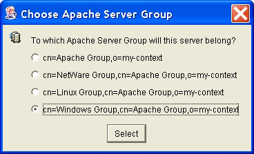 The Choose Apache Server Group dialog box as seen on Windows.