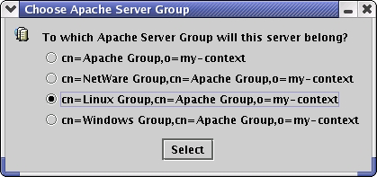 The Choose Apache Server Group dialog box as seen on Linux.