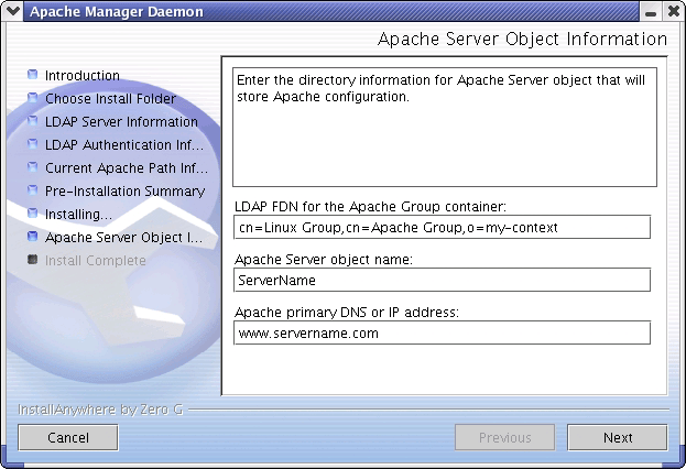 The Apache Server Object Information dialog box as seen on Linux.
