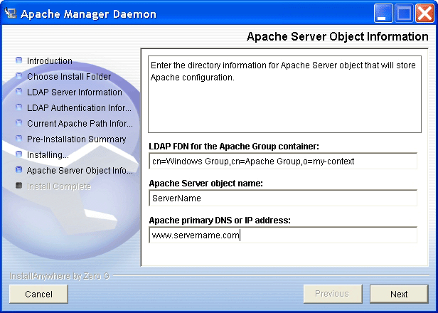 The Apache Server Object Information dialog box as seen on Windows.