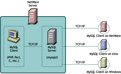 MySQL architecture showing how clients attach to the MySQL server through standard TCP/IP.
