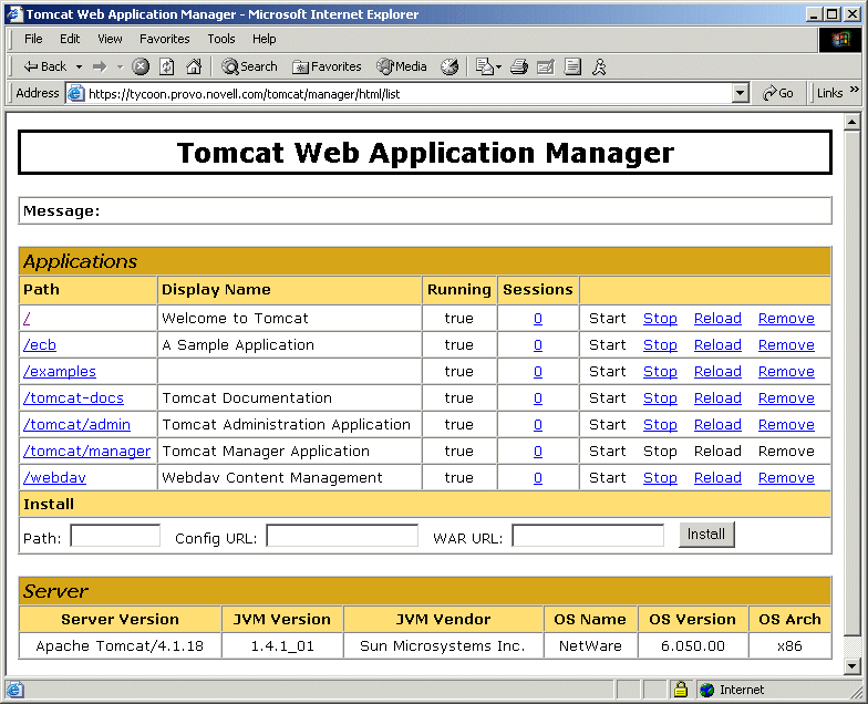 Tomcat Manager interface accessible from a Web browser.