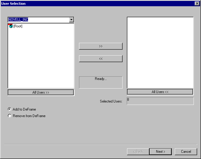 User Selection dialog box for the DeFrame User Configuration utility