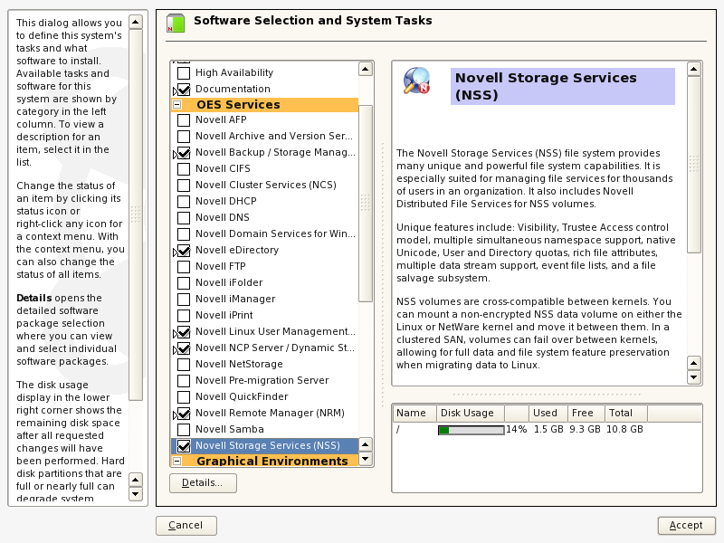 Example of the Software Selection and System Tasks Page for NSS Selections