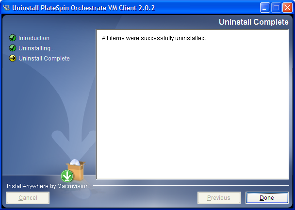 VM Client Uninstallation Wizard - Uninstall Complete Page