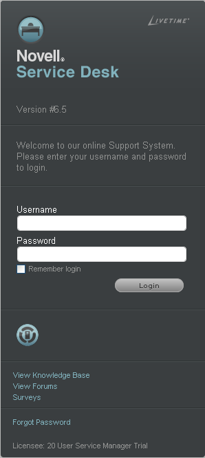 Novell Service Desk User Interface with ZENworks Icon for logging in to ZENworks