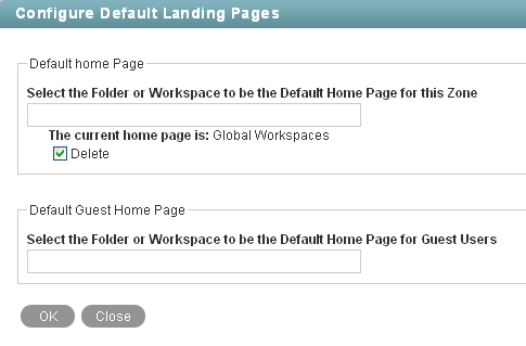 Default Landing Page page with current landing page selected for deletion