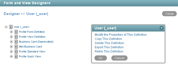 Form and View Designers page with User Window 