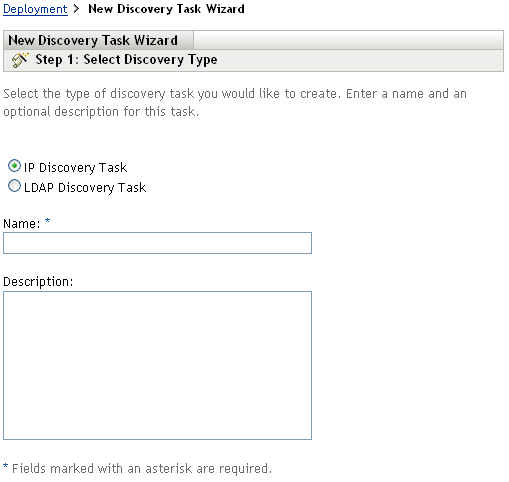New Discovery Task Wizard > Select Discovery Type page