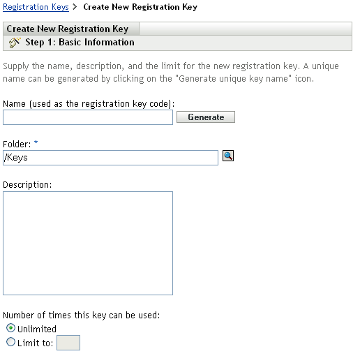 Create New Registration Key Wizard > Basic Information
