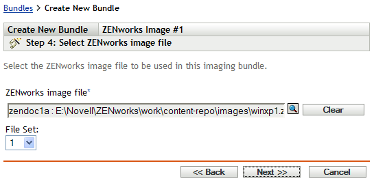 Create New Bundle Wizard - Select ZENworks Image File page