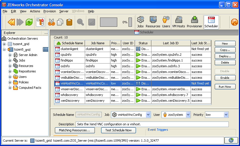 Scheduler Section of ZENworks Orchestrator Console with Running VNC Job