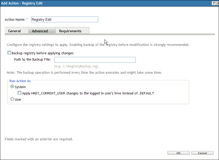 Action - Registry Edit Dialog Box: Advanced Settings Page